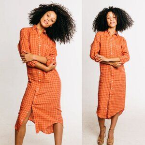 EMILY PHILLIPS 100% Linen Check Girlfriend Midi Dress Pink/Khaki Size 2